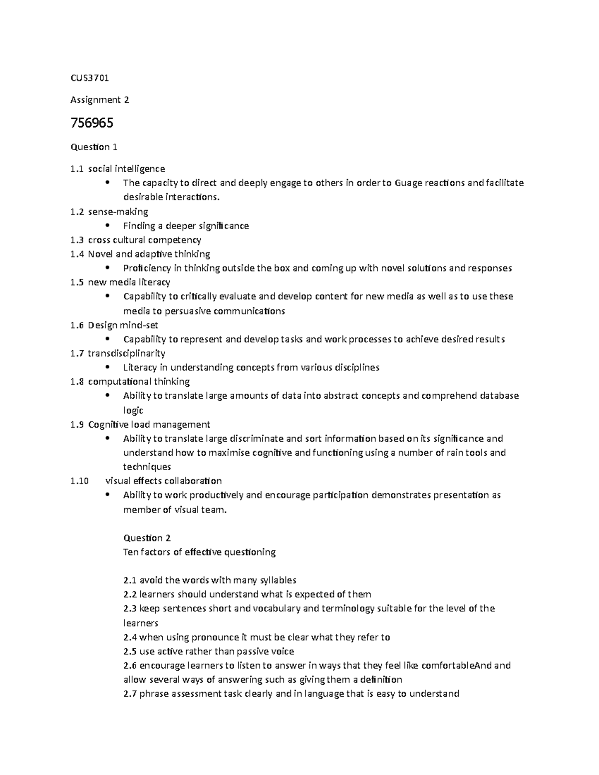 Assessment 2cus3701 - Pass - CUS Assignment 2 756965 Question 1 1 ...