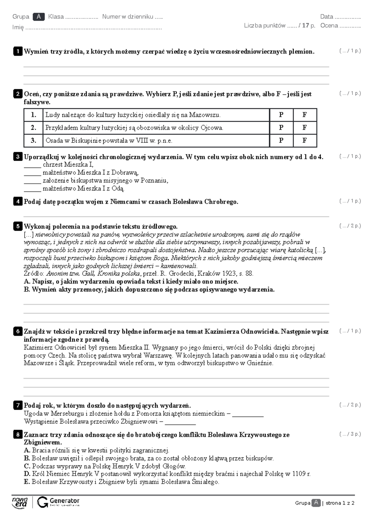 Test, rozdział V Test (z widoczną punktacją) - Grupa A | strona 1 z 2