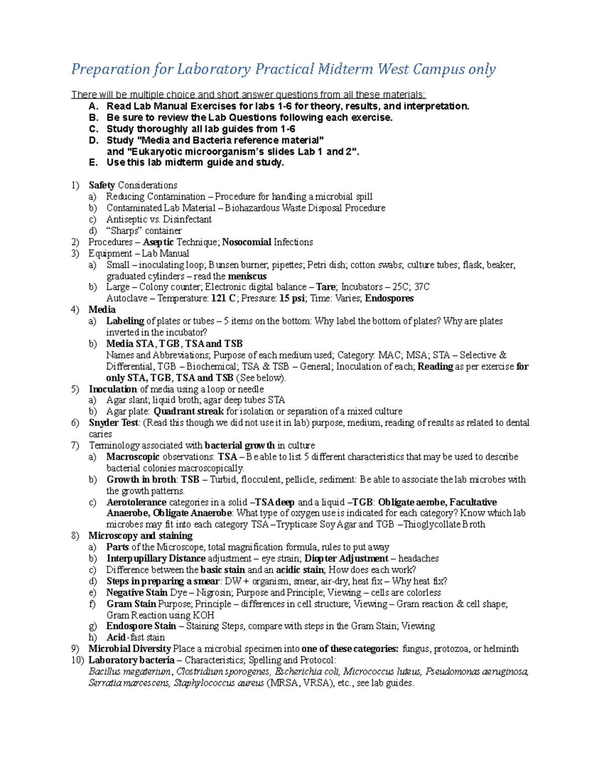 Lab Practical Midterm Study Guide 2018 Preparation for Laboratory Practical Midterm West