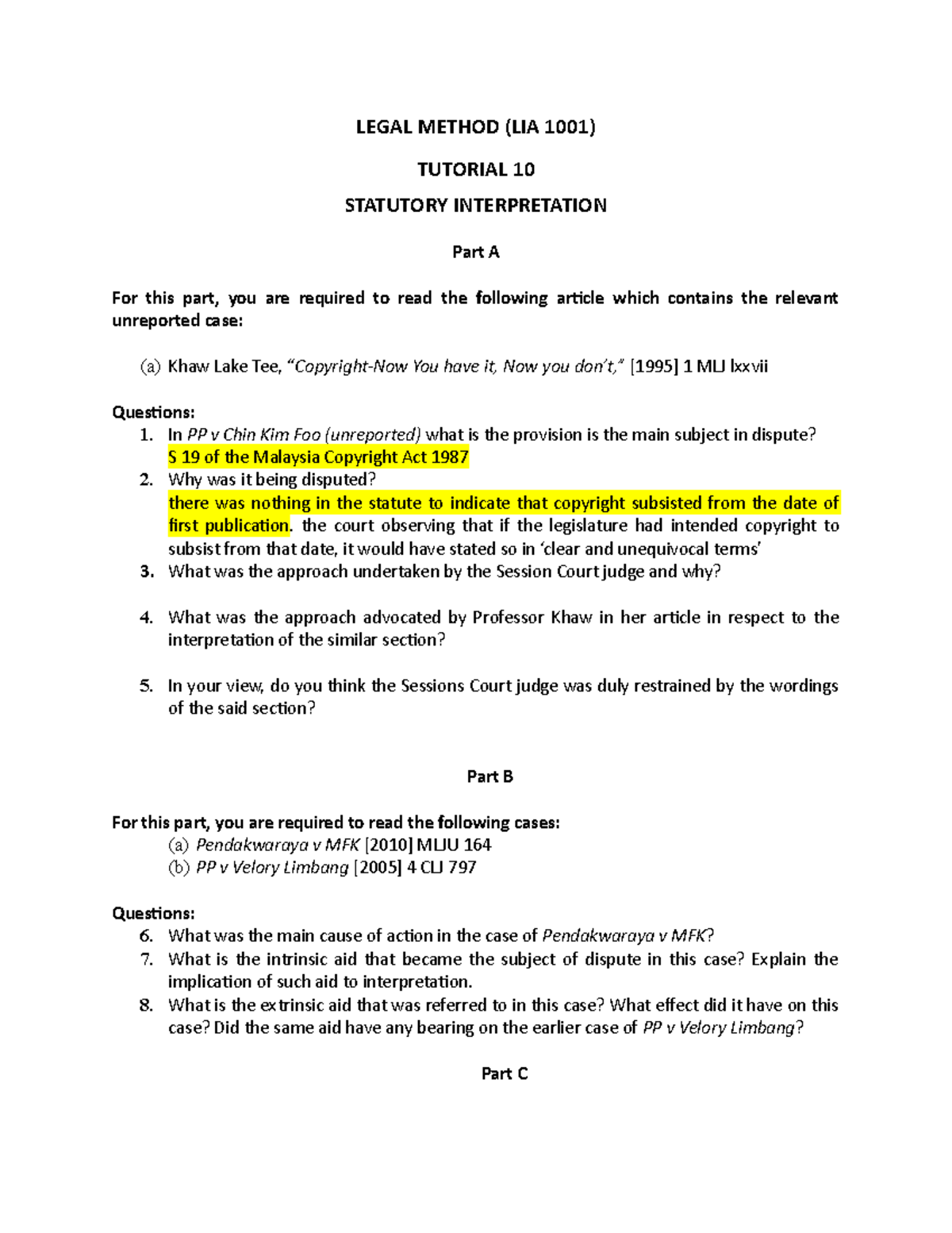 Tutorial 10 Statutory Interpretation Legal Method Lia 1001 Tutorial 10 Statutory Tutorial 10 Statutory Interpretation Legal Method Lia 1001 Tutorial 10 Statutory