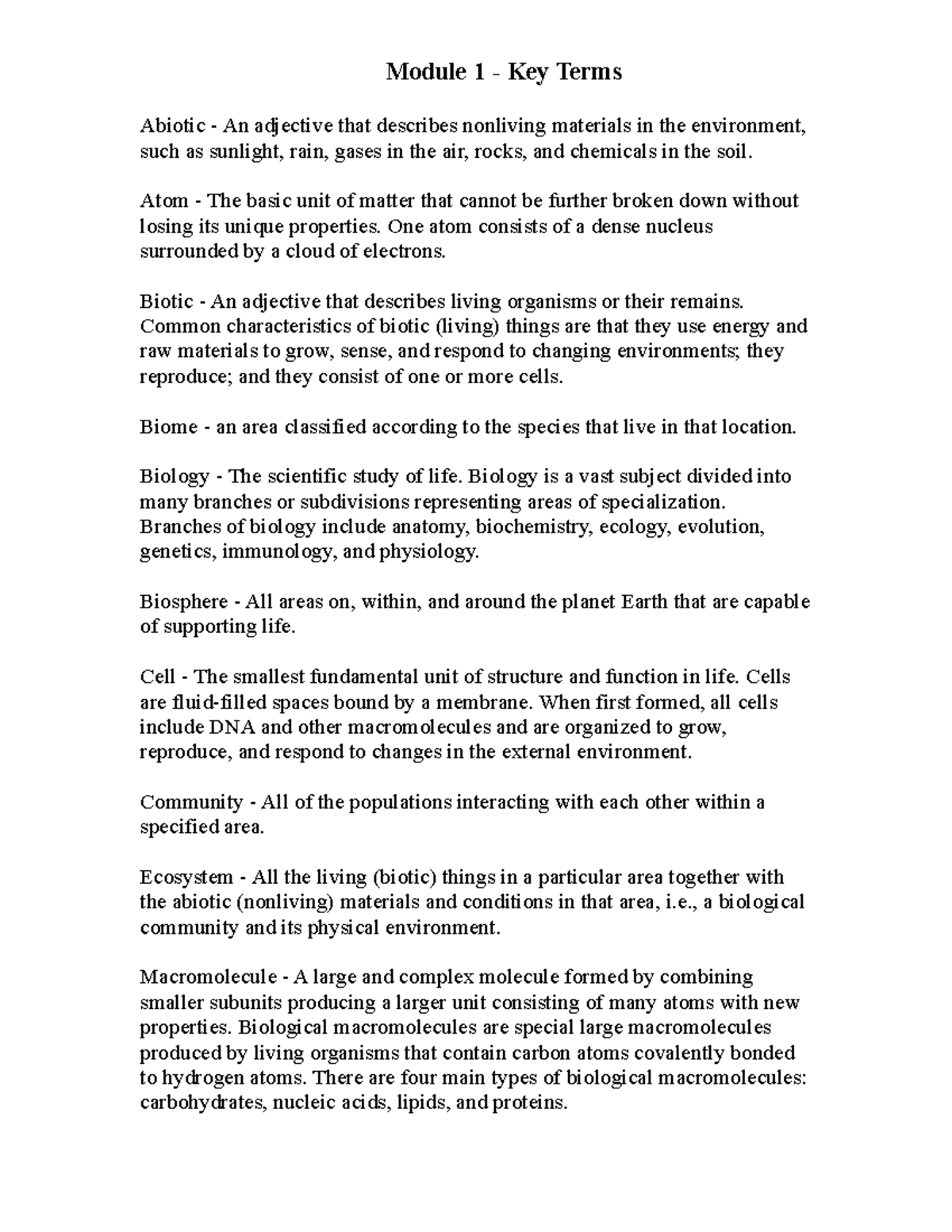 Module 1 Terms - Introduction to Biology - C190 - Module 1 - Key Terms ...