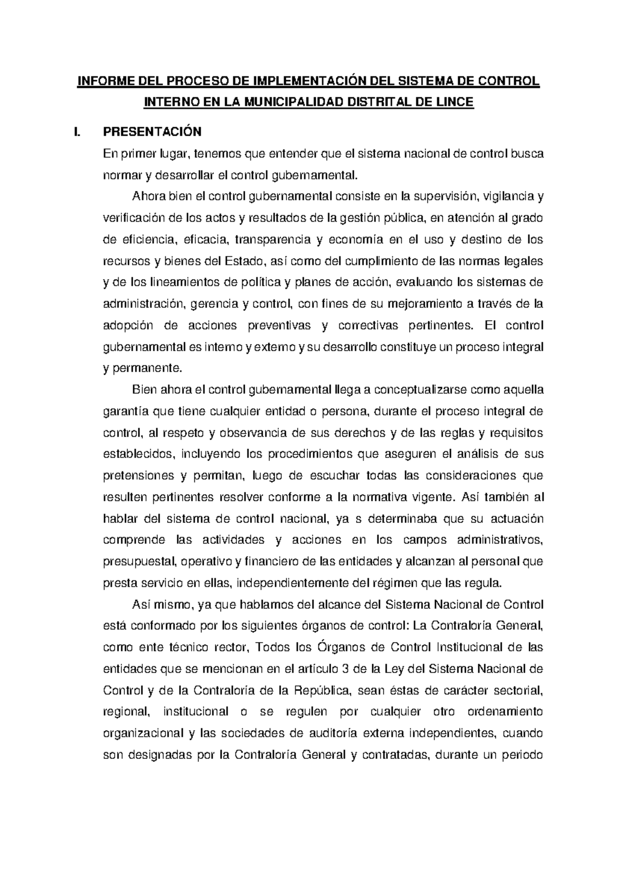Informe DEL Proceso DE Implementación DEL Sistema DE Control Interno EN ...