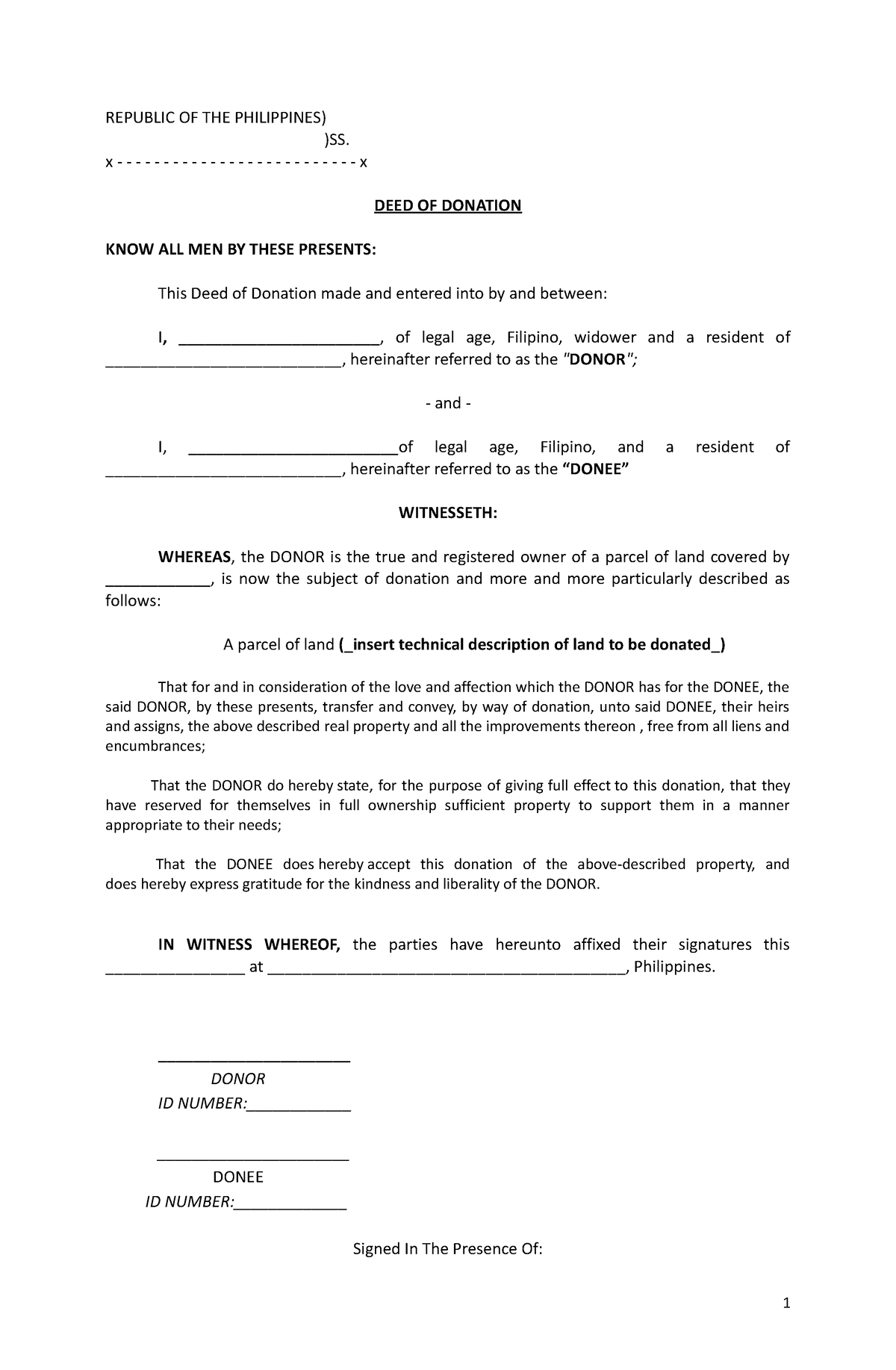 DEED OF Donation (parcel of land) Format - REPUBLIC OF THE PHILIPPINES ...