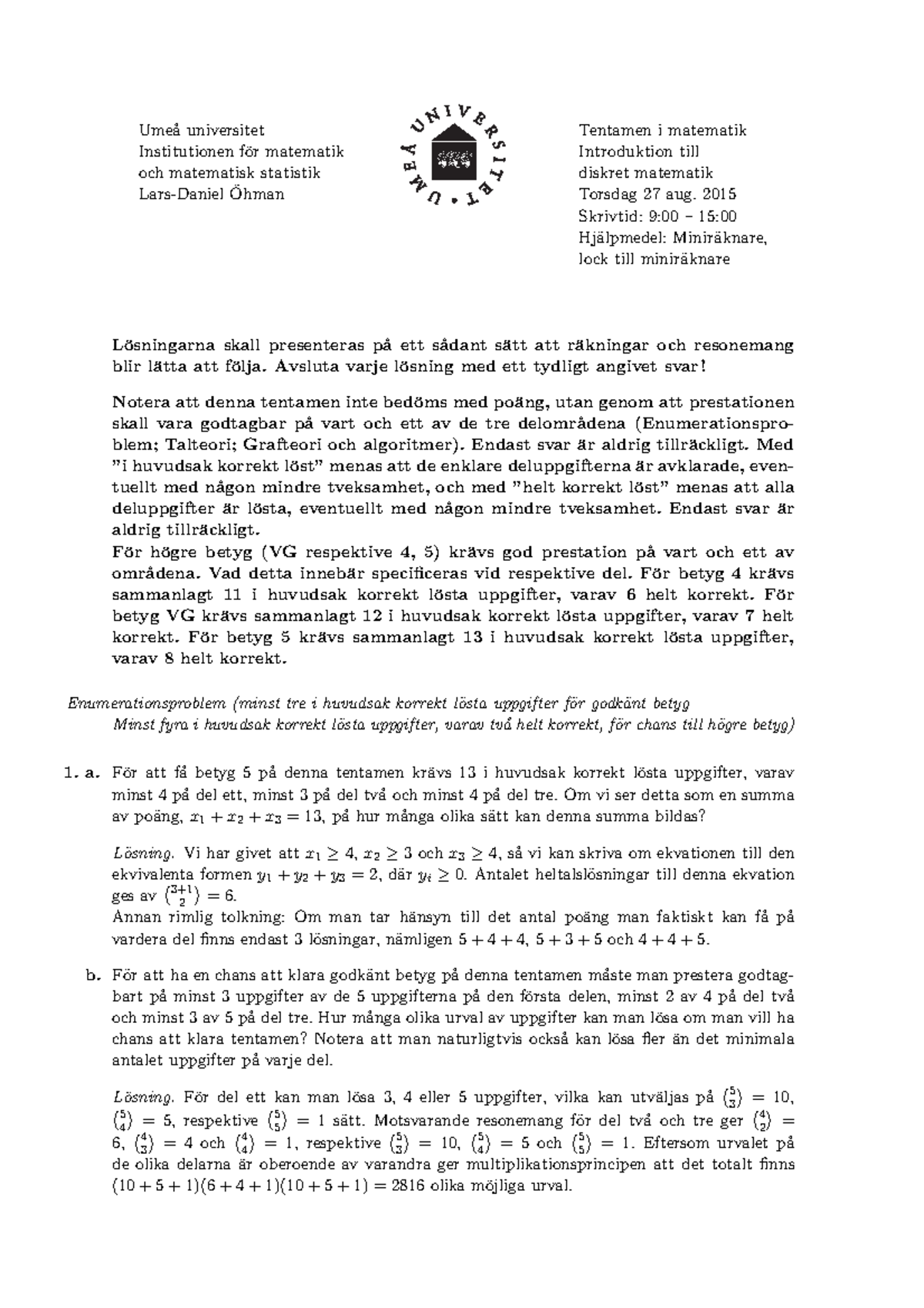 Tenta, Frågor Och Svar - Ume ̊a Universitet Tentamen I Matematik ...