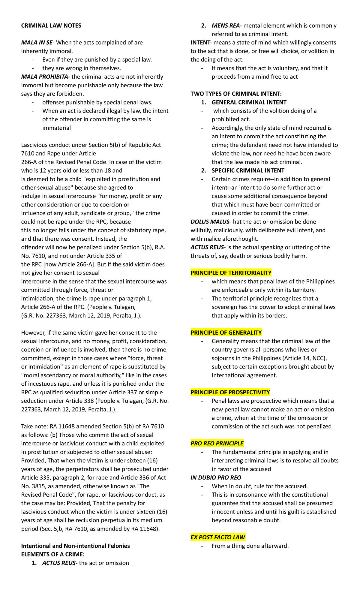 Criminal LAW Notes 2023 CRIMINAL LAW NOTES MALA IN SE When The Acts 