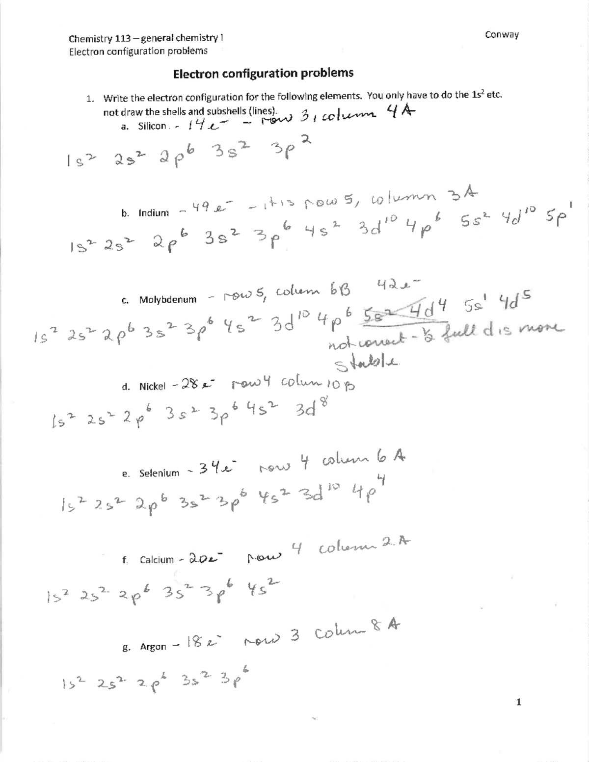 Answers To Electron Configuration Problems CHEMT 111 Studocu