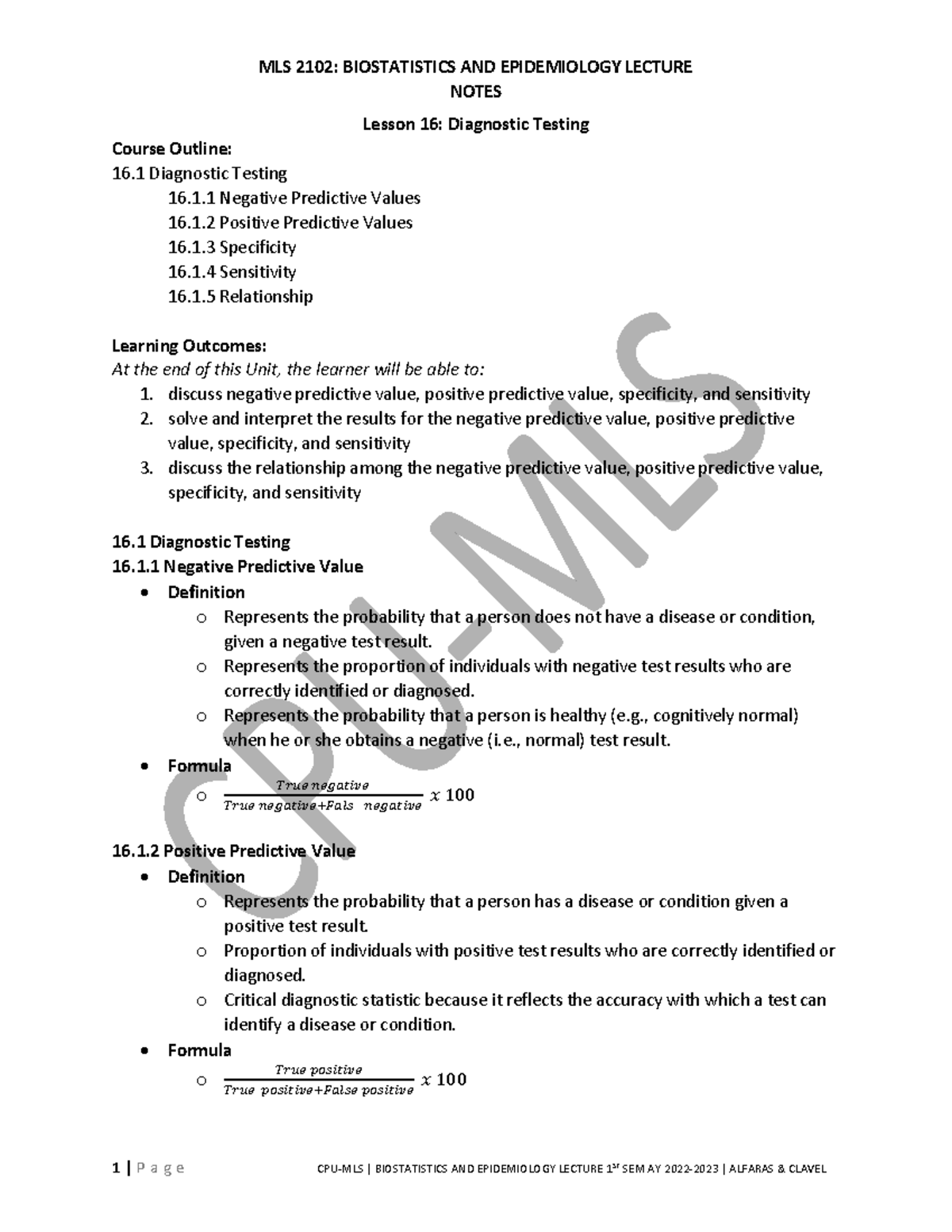 Student's Copy - Biostatistics Lecture - Lesson 16 Notes 2022-2023 ...