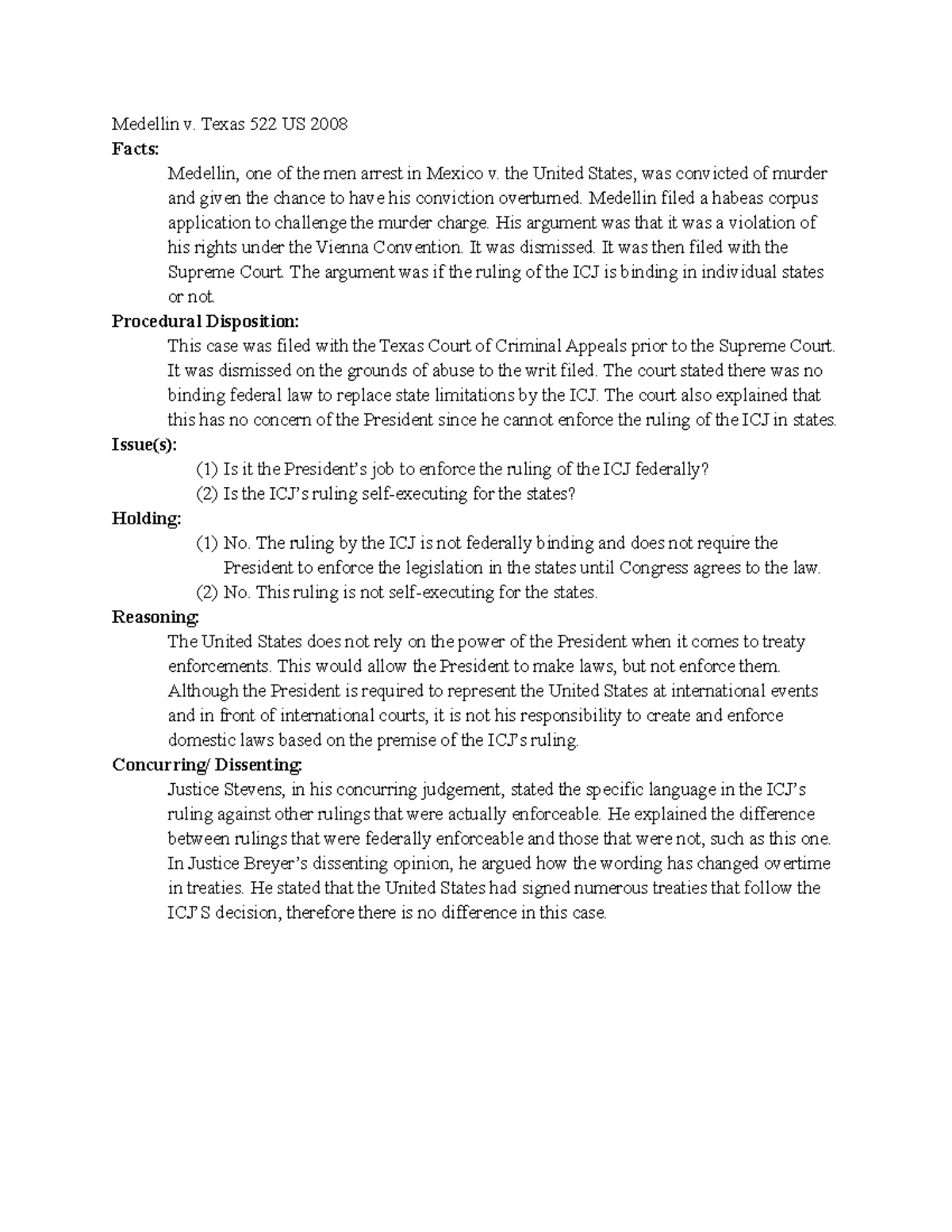 Medellin v. Texas - Case Brief - Medellin v. Texas 522 US 2008 Facts ...