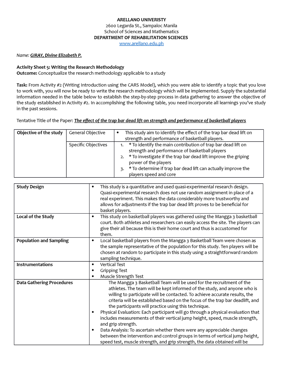 Activity Sheet 5 Writing the Research Methodology 1 Giray - ARELLANO ...