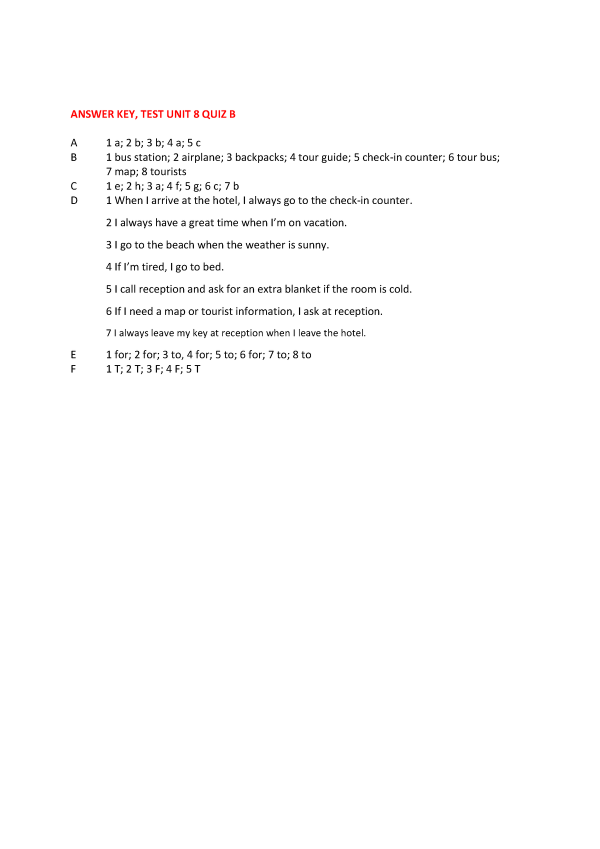 Evolve L2 Unit 8 Quiz B Answer Key - ANSWER KEY, TEST UNIT 8 QUIZ B A 1 ...