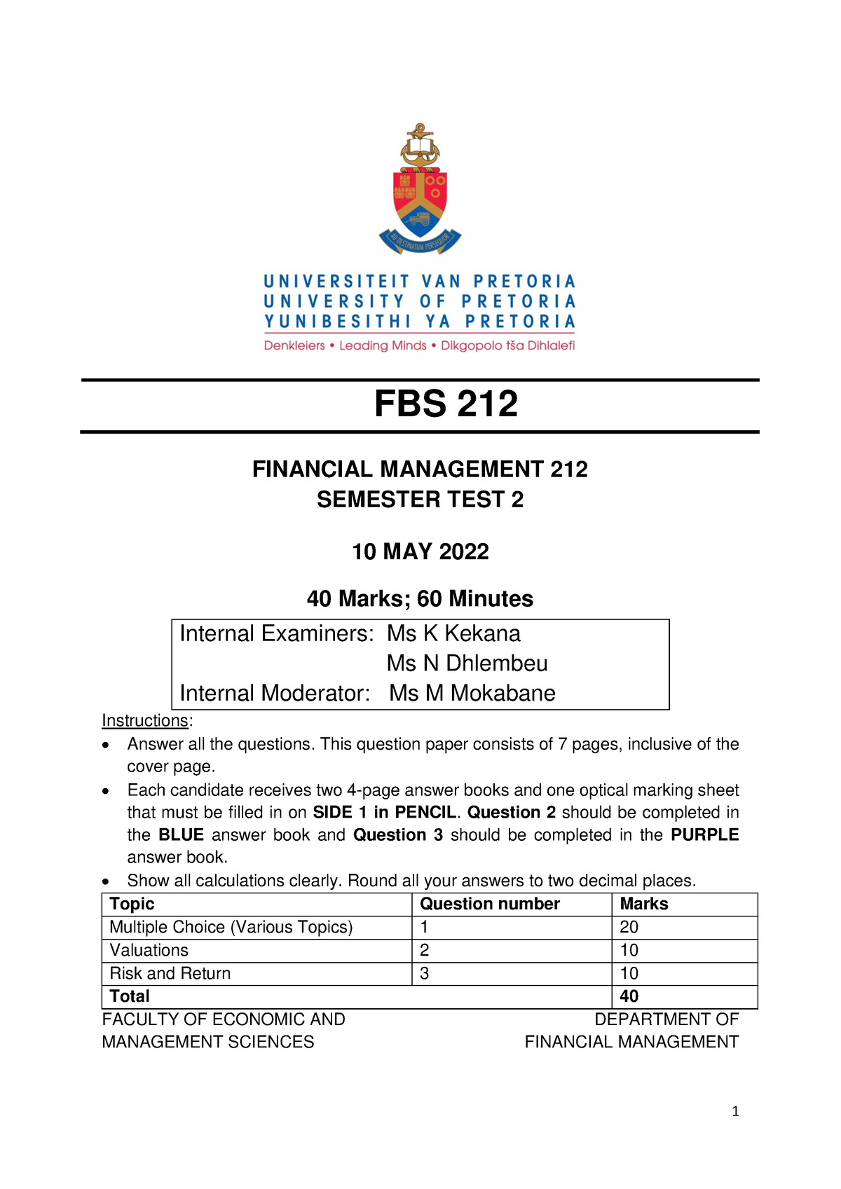 FBS 212 Semester TEST 2 Of 2022 Paper - FBS 212 FINANCIAL MANAGEMENT ...