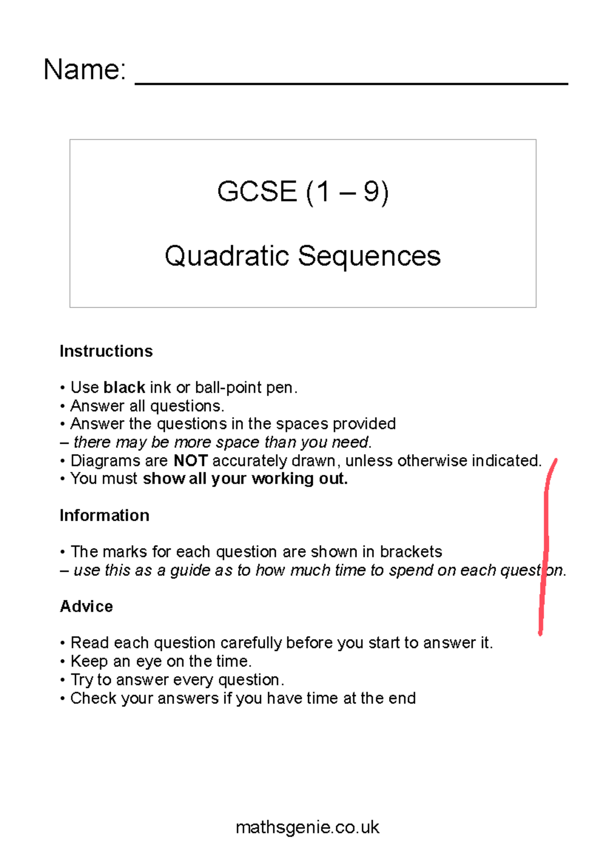 8 Quadratic Sequences Gcse 1 9 Quadratic Sequences Name