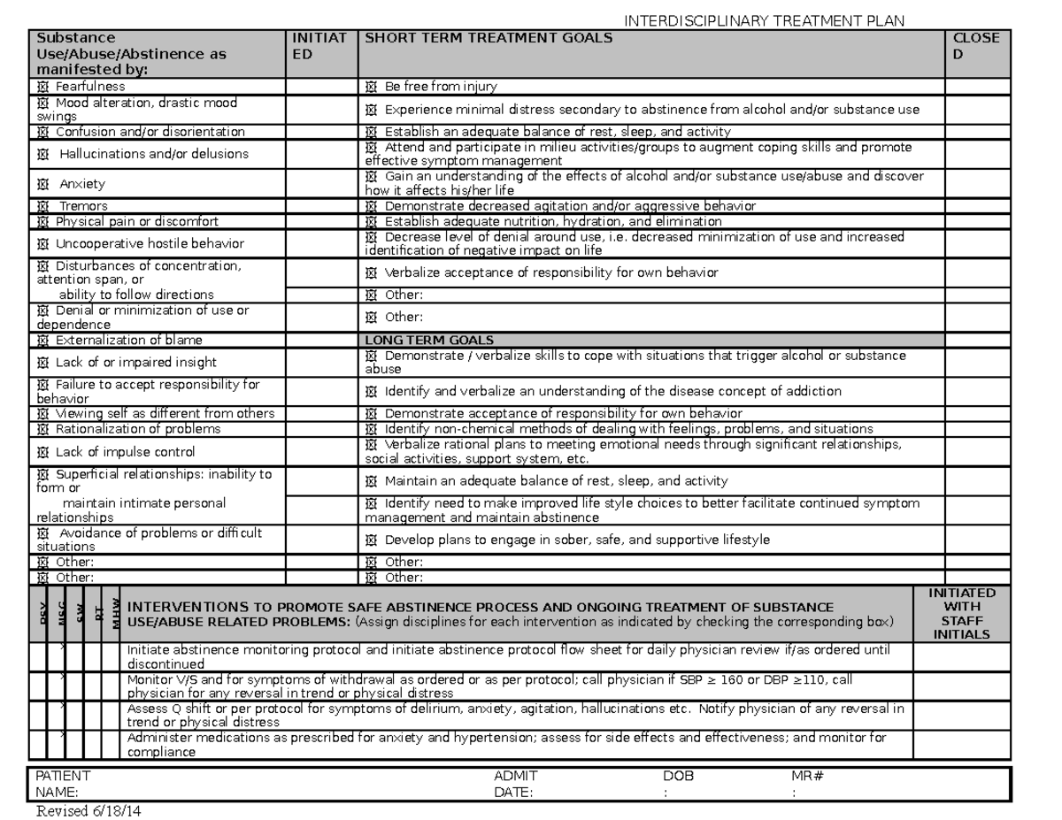 Substance Abuse Treatment plan - INTERDISCIPLINARY TREATMENT PLAN ...