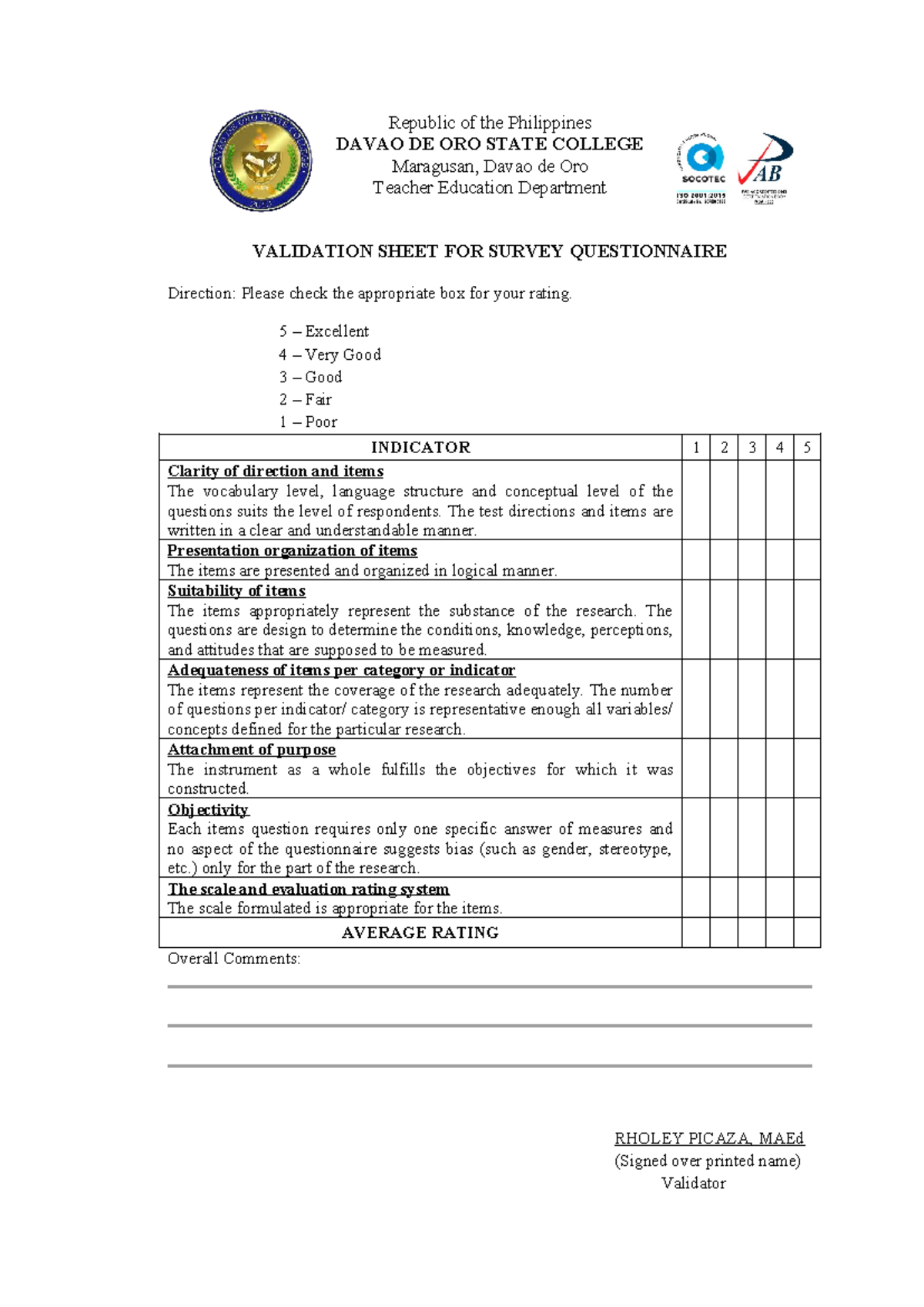 Quali val sheet - Research - Republic of the Philippines DAVAO DE ORO ...