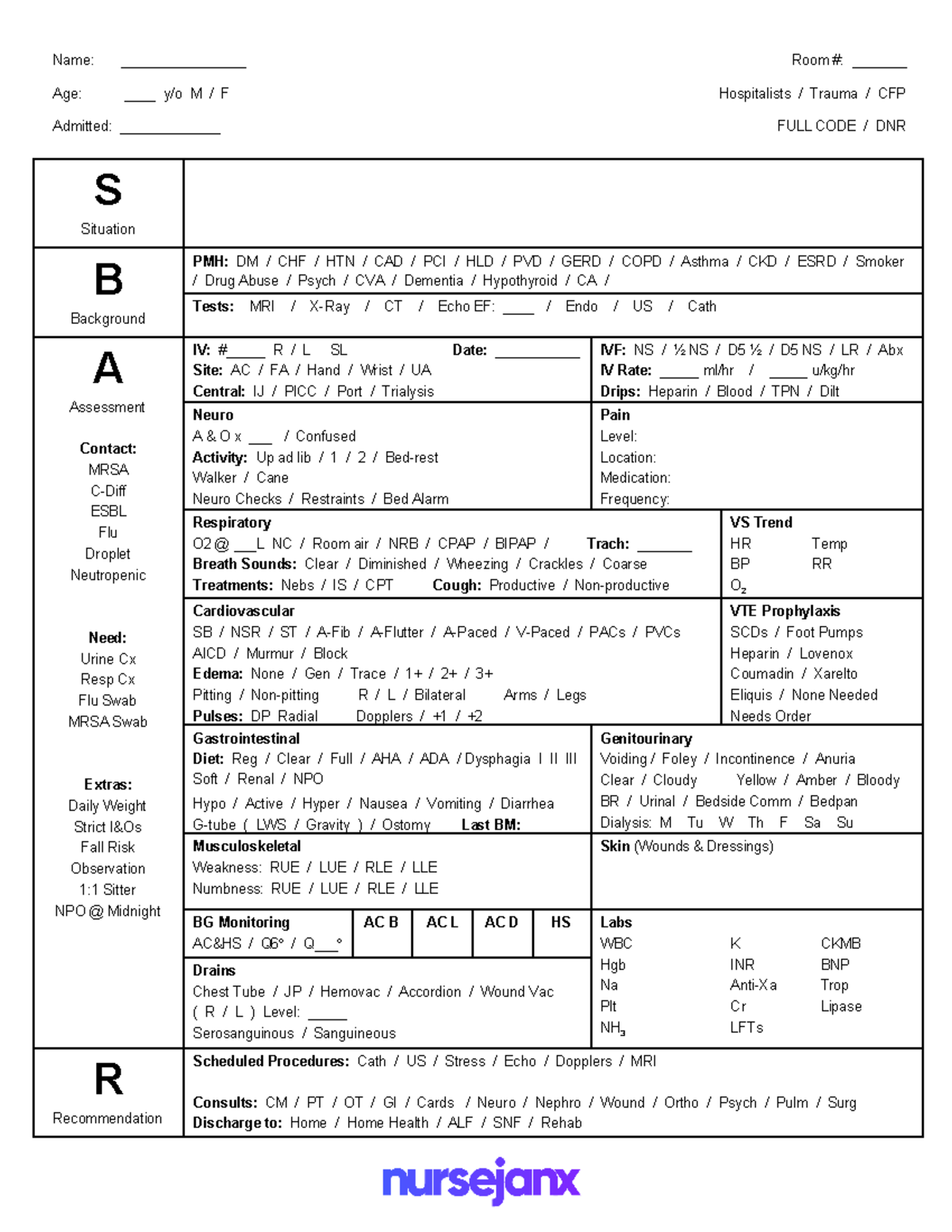 Fullsize SBAR Report Sheet - Name: ________________ Room #: _______ Age ...