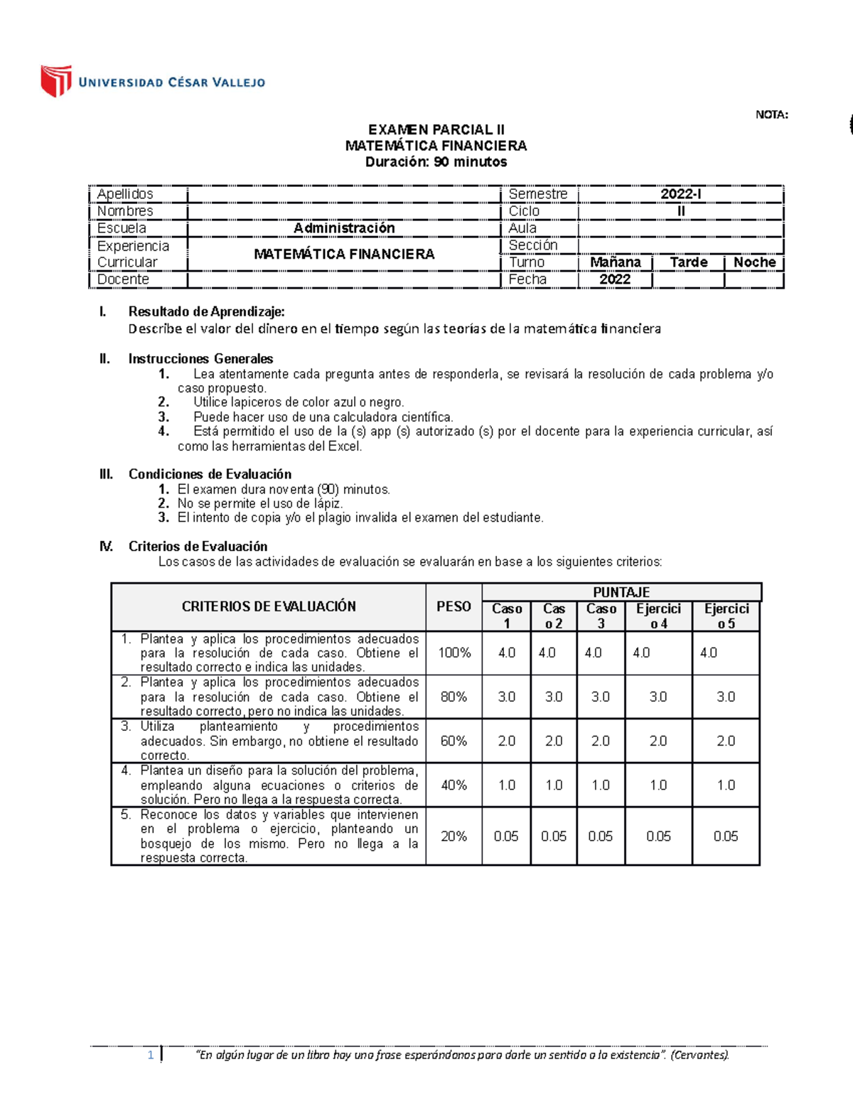 Examen Parcial II - Matematica Financiera 2022 DIEZ AM Miercoles ...