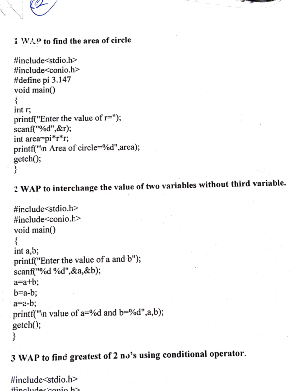 22programmes basic programs in c 1 ta to find the area of circle