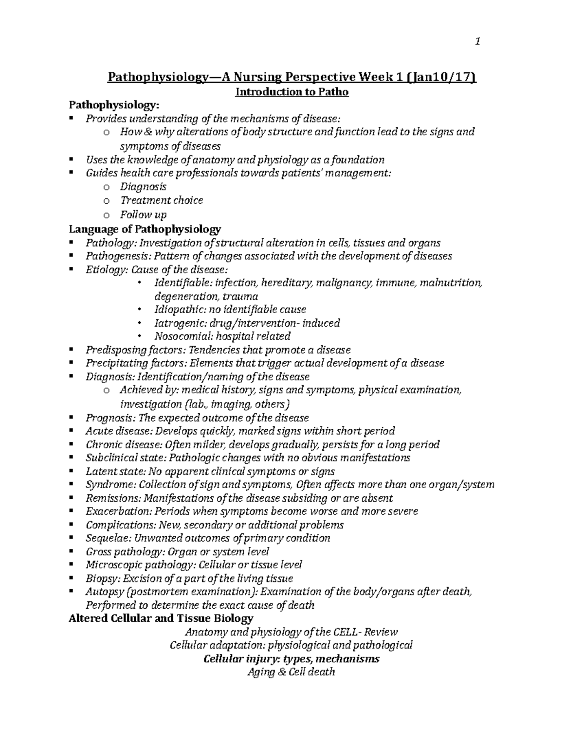 Patho 2107 Notes - Pathophysiology—A Nursing Perspective Week 1 (Jan10 ...