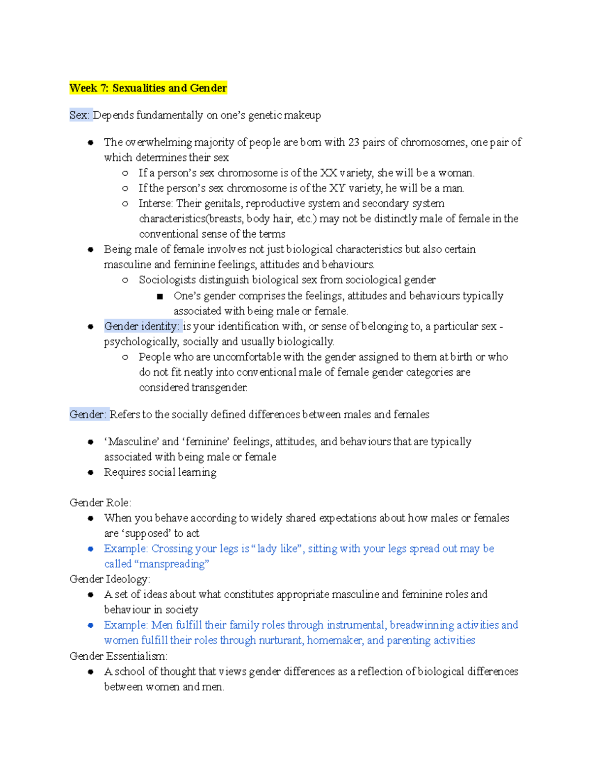 Sociology notes - Week 7: Sexualities and Gender Sex: Depends ...