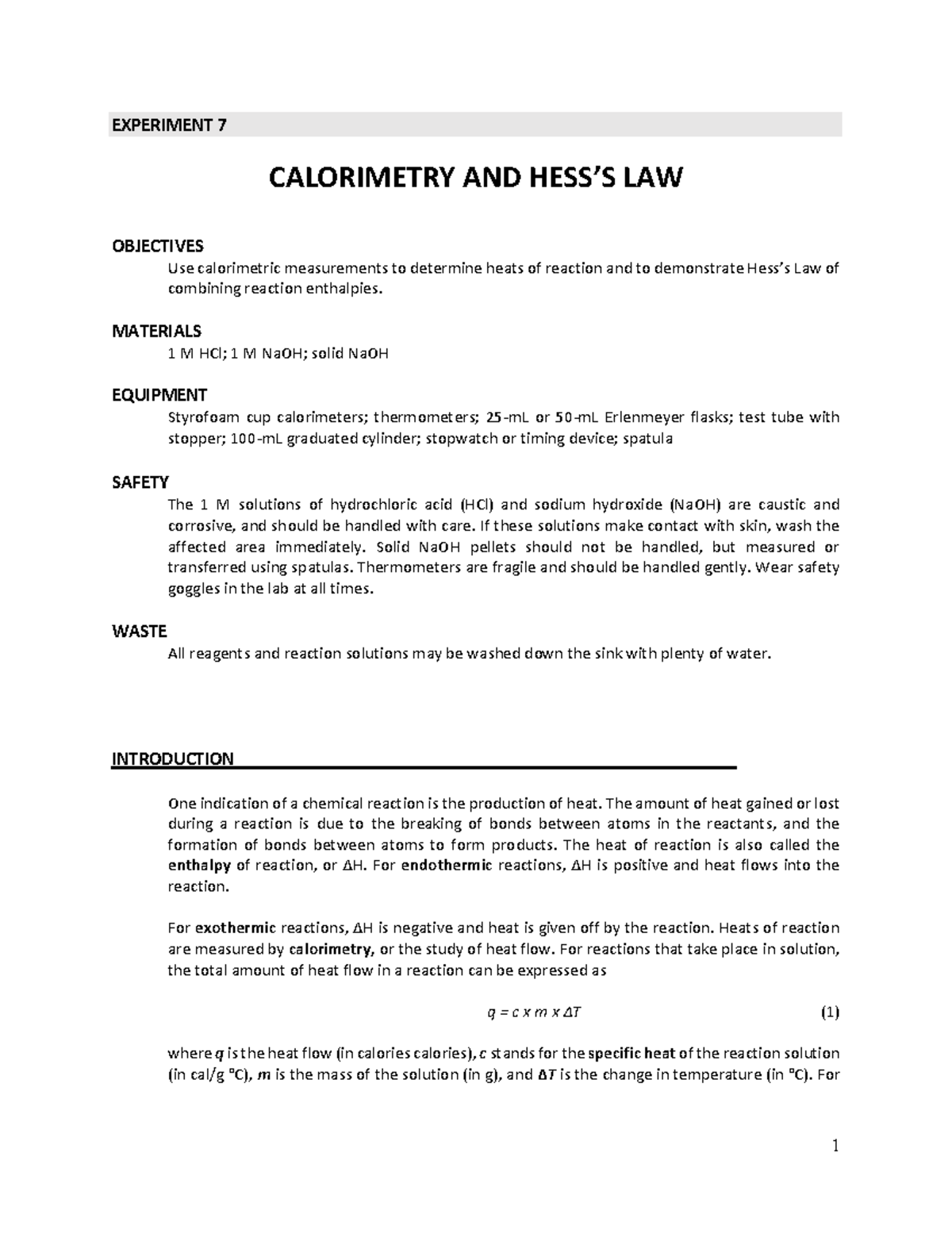 Lab 9 report and summary EXPERIMENT 7 CALORIMETRY AND HESS’S LAW