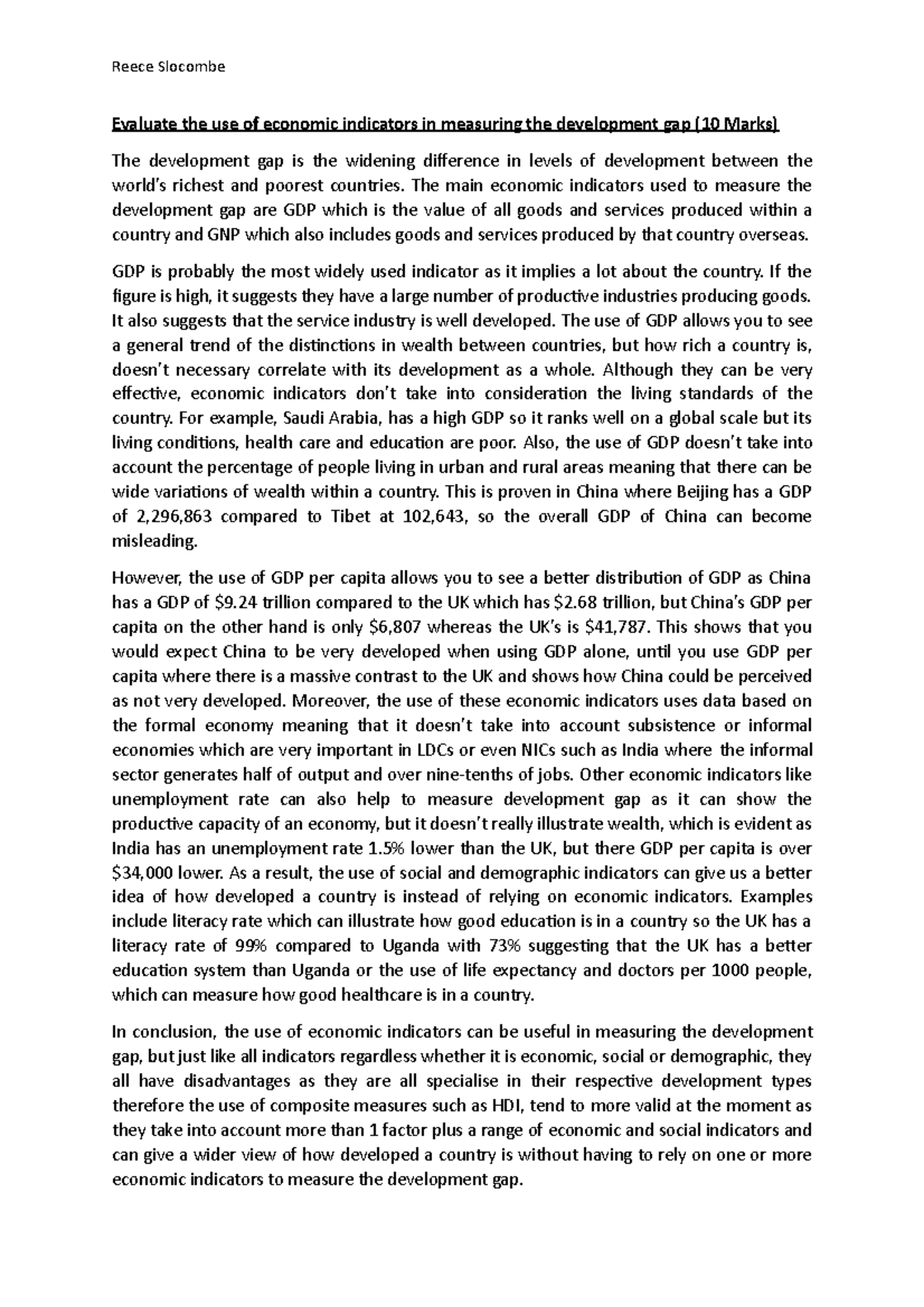 Evaluate the use of economic indicators in measuring the development ...