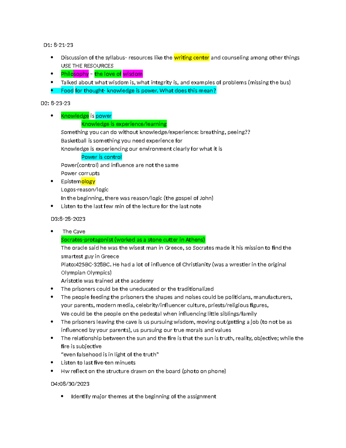 2023 Fall Philosophy - lecture notes - D1: 8-21- Discussion of the ...