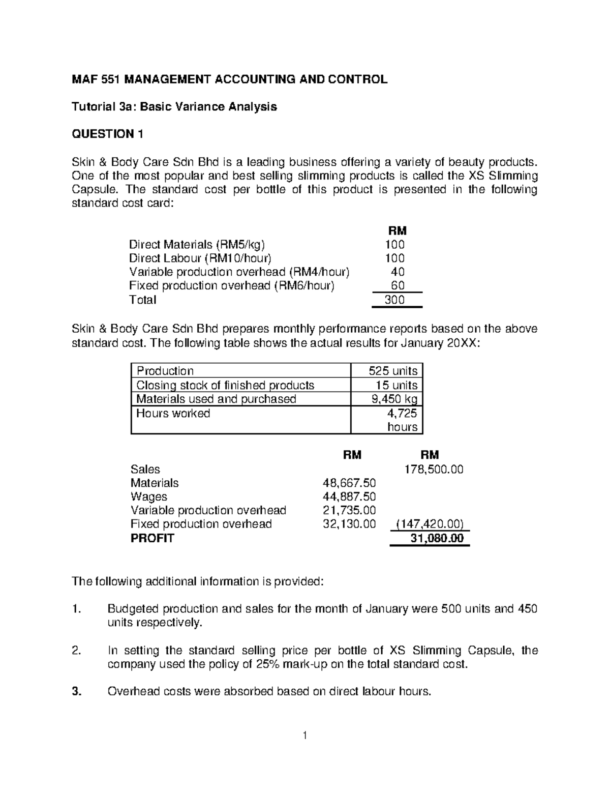 Tutorial 3a - Basic Variance Anlaysis Q - MAF 551 MANAGEMENT ACCOUNTING ...