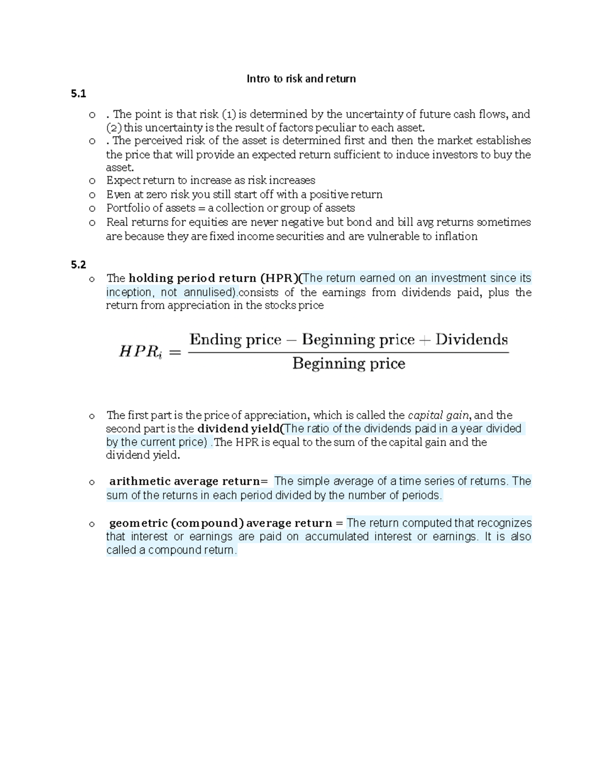 Intro to risk and return chp5 - o. The point is that risk (1) is ...