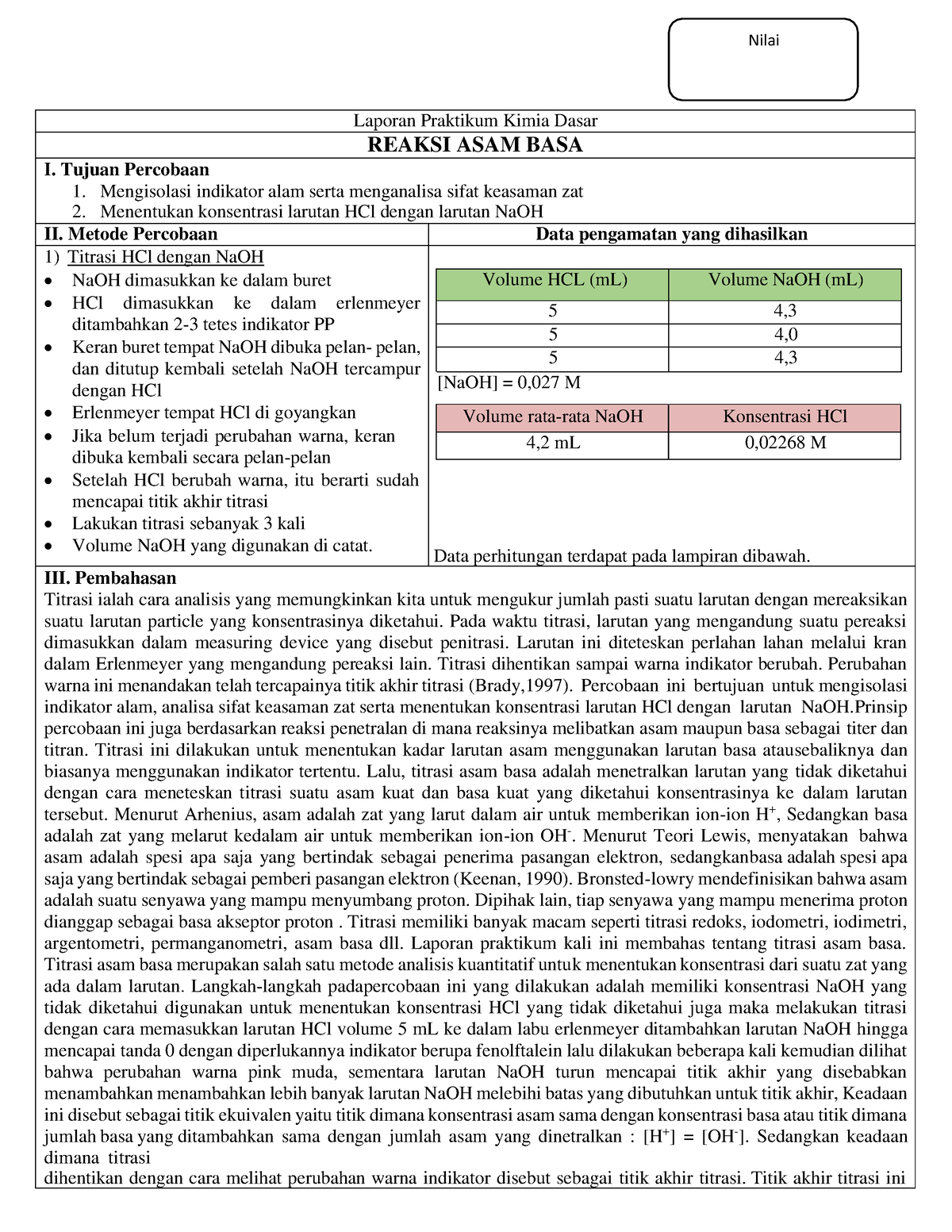 Laporan Reaksi Asam Basa - Laporan Praktikum Kimia Dasar REAKSI ASAM ...