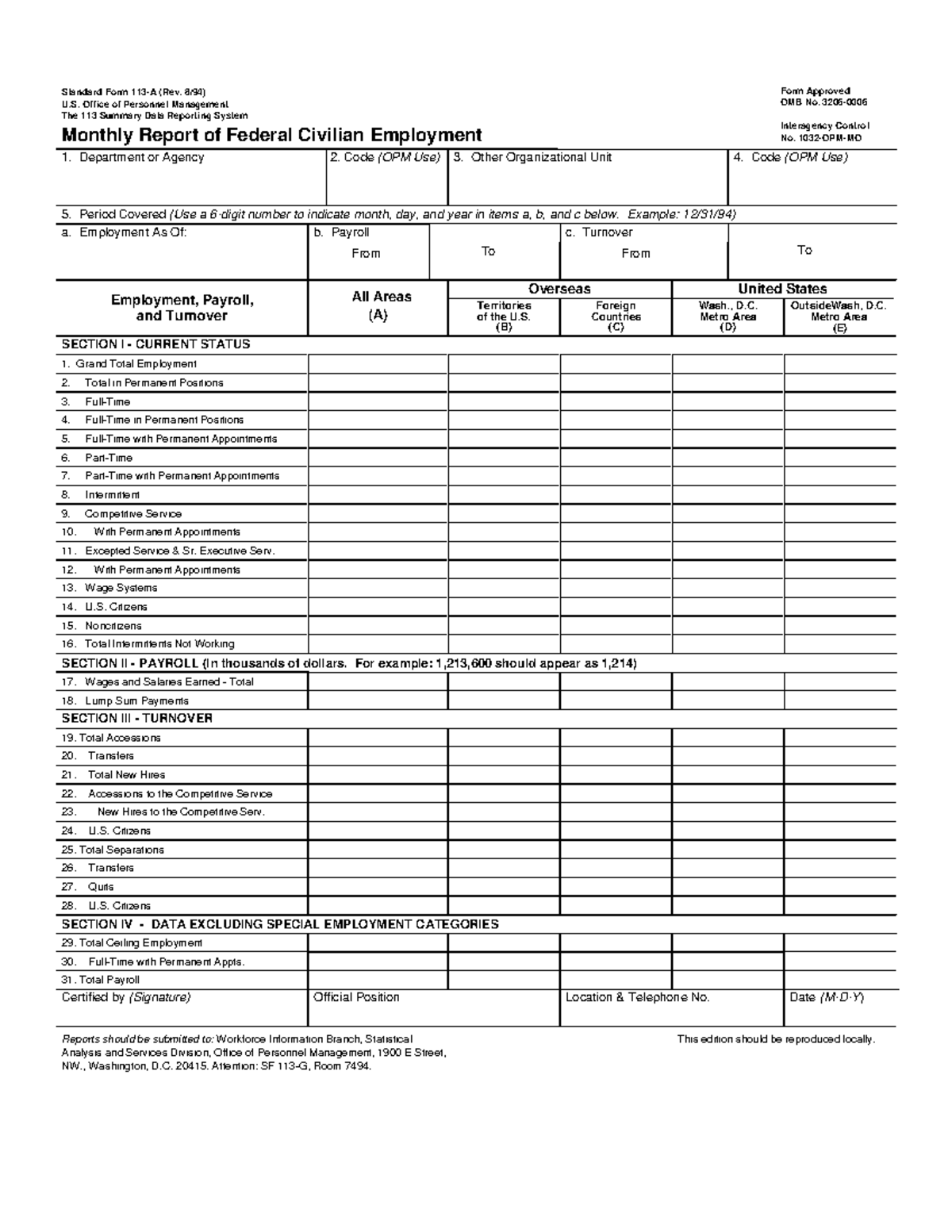 SF113-A Monthly Report of Federal Civilian Employment - Standard Form ...