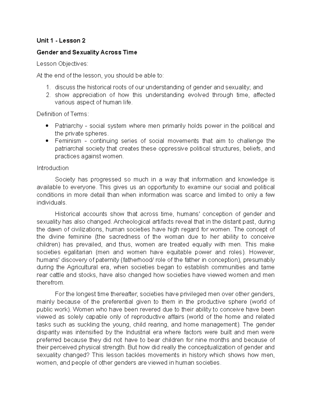 Gender And Sexuality Across Time Unit 1 Lesson 2 Gender And