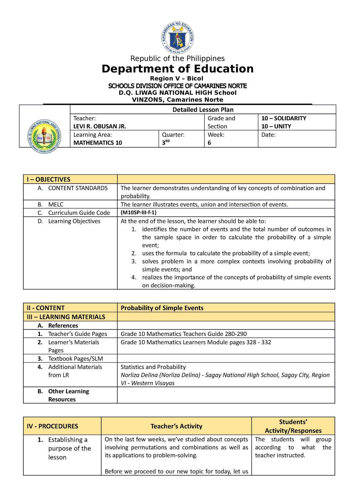 Mathematics 10 Week6 Day1 (COT2) - Republic of the Philippines ...