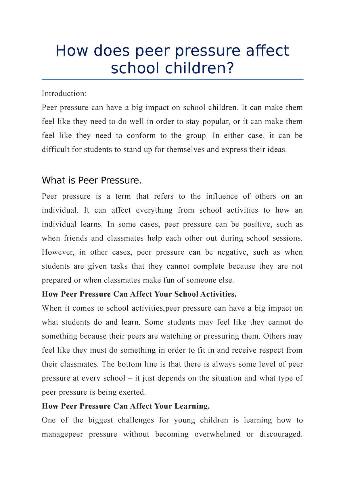 how does peer pressure affect students essay