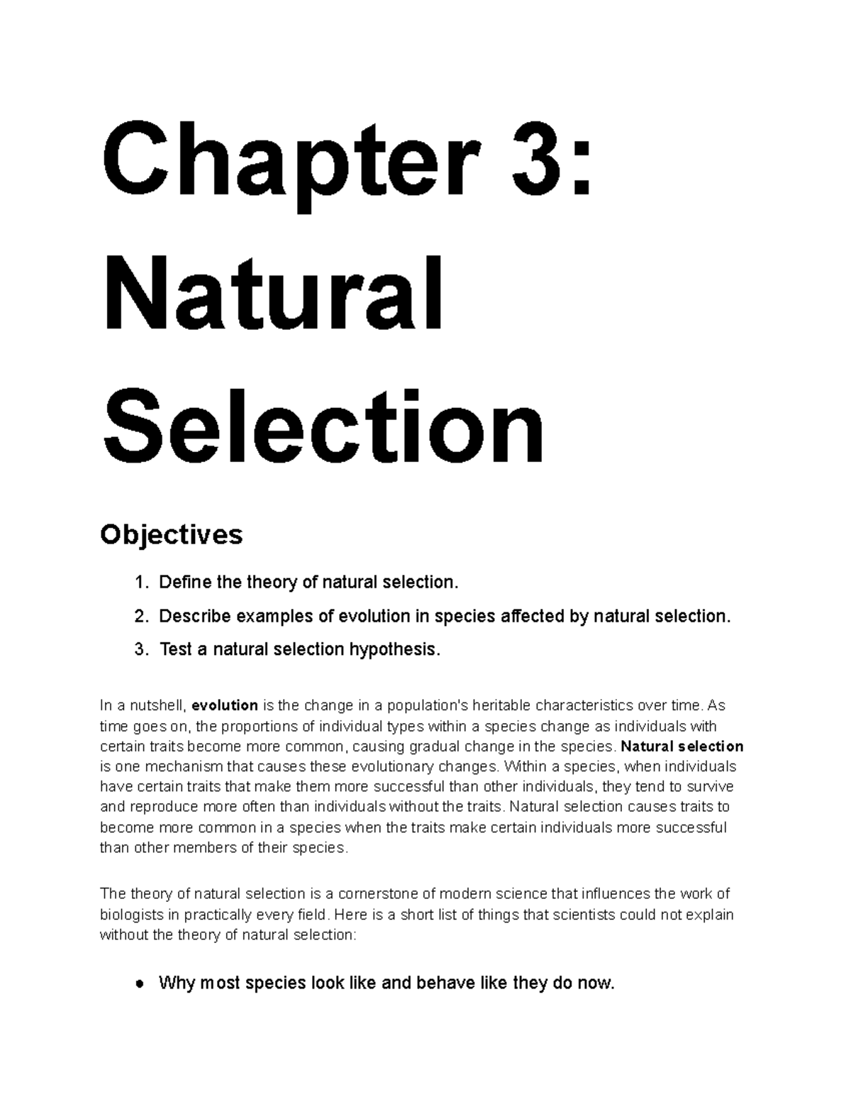 Module 3 notes Chapter 3 Natural Selection Objectives 1. Define the