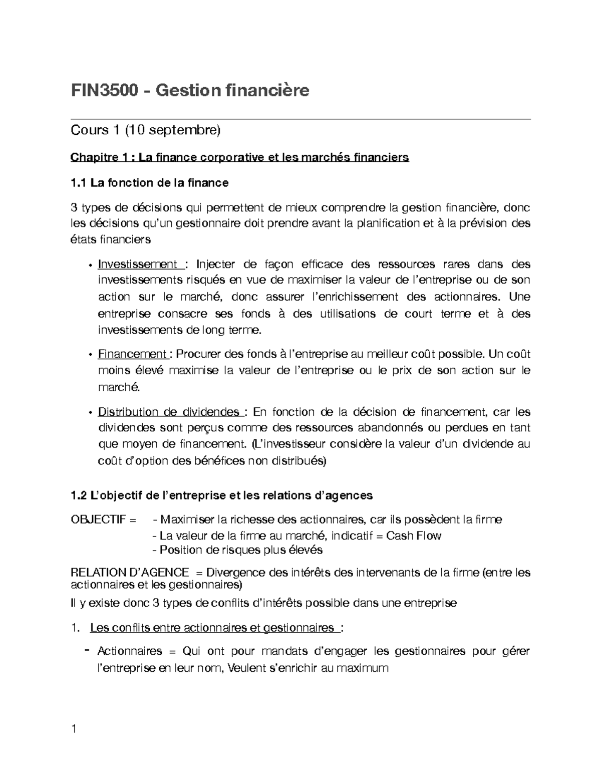 Note De Cours - Intra - FIN3500 - Gestion Financière Cours 1 (10 ...