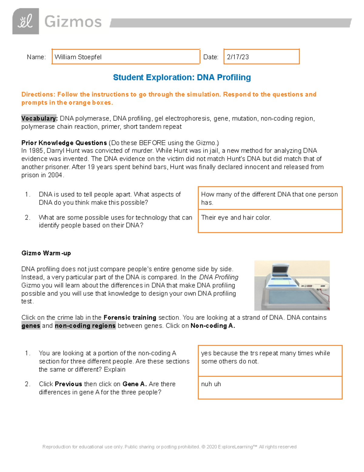 DNAprofiling SE - in eed - Name: William Stoepfel Date: 2/17/ Student ...