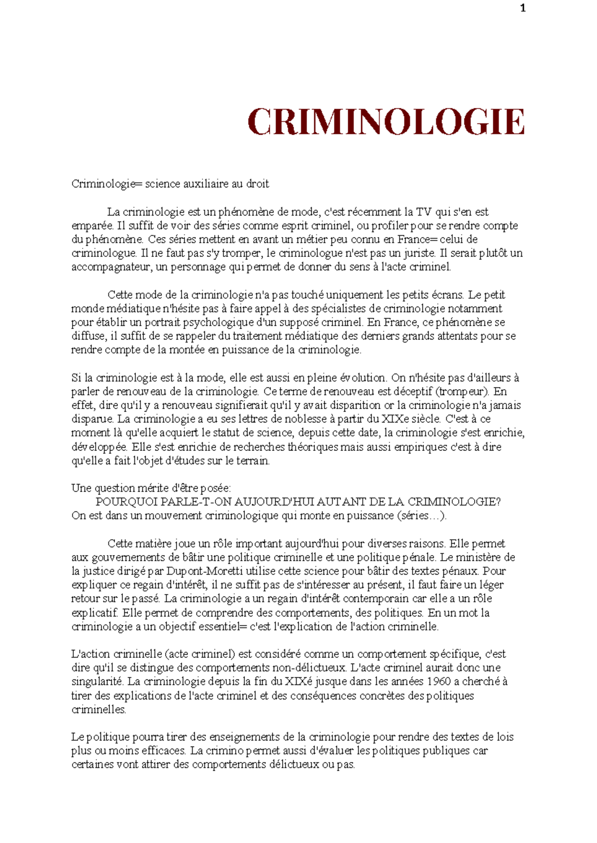 Criminologie en entier CRIMINOLOGIE Criminologie= science auxiliaire — free download