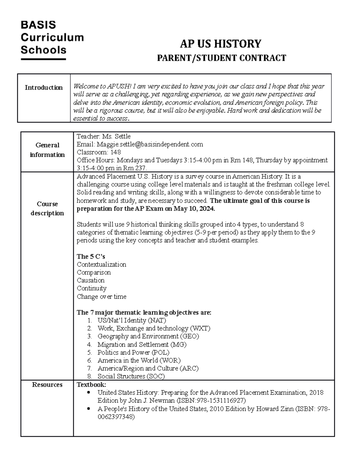 Apush Syllabus BISV Settle - AP US HISTORY PARENT/STUDENT CONTRACT ...