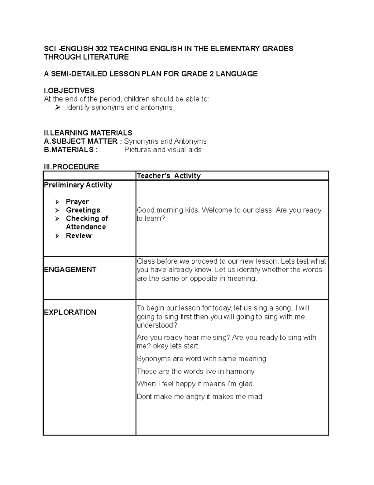 lesson plan about Antonyms and synonyms - A Semi Detailed Lesson