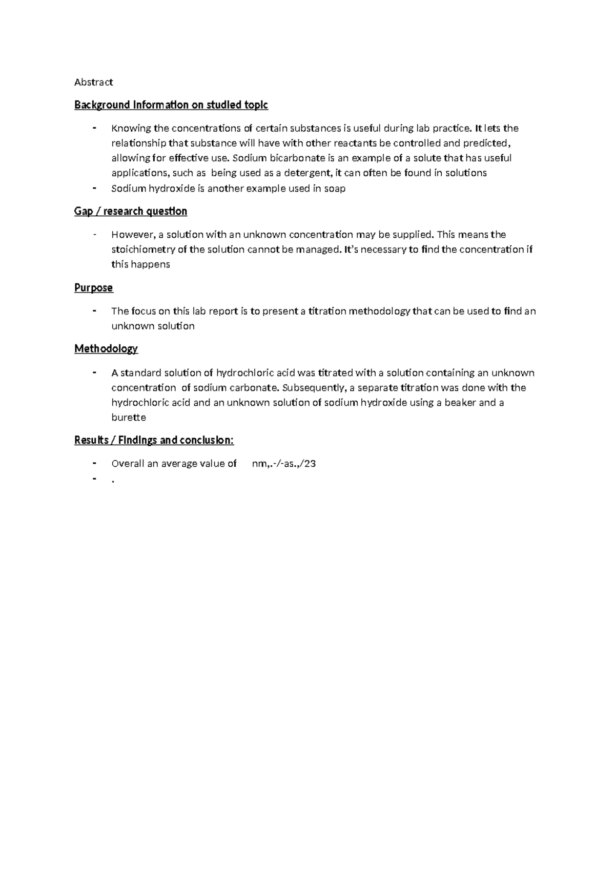 Lab report titration abstract Abstract Background information on