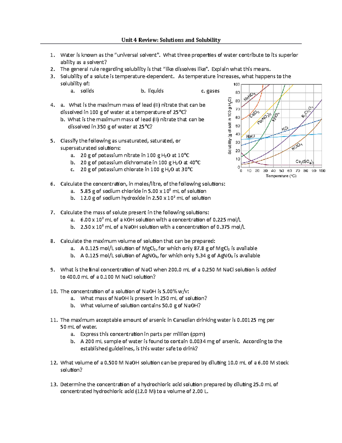 Solutions review - Unit 4 Review: Solutions and Solubility Water is ...