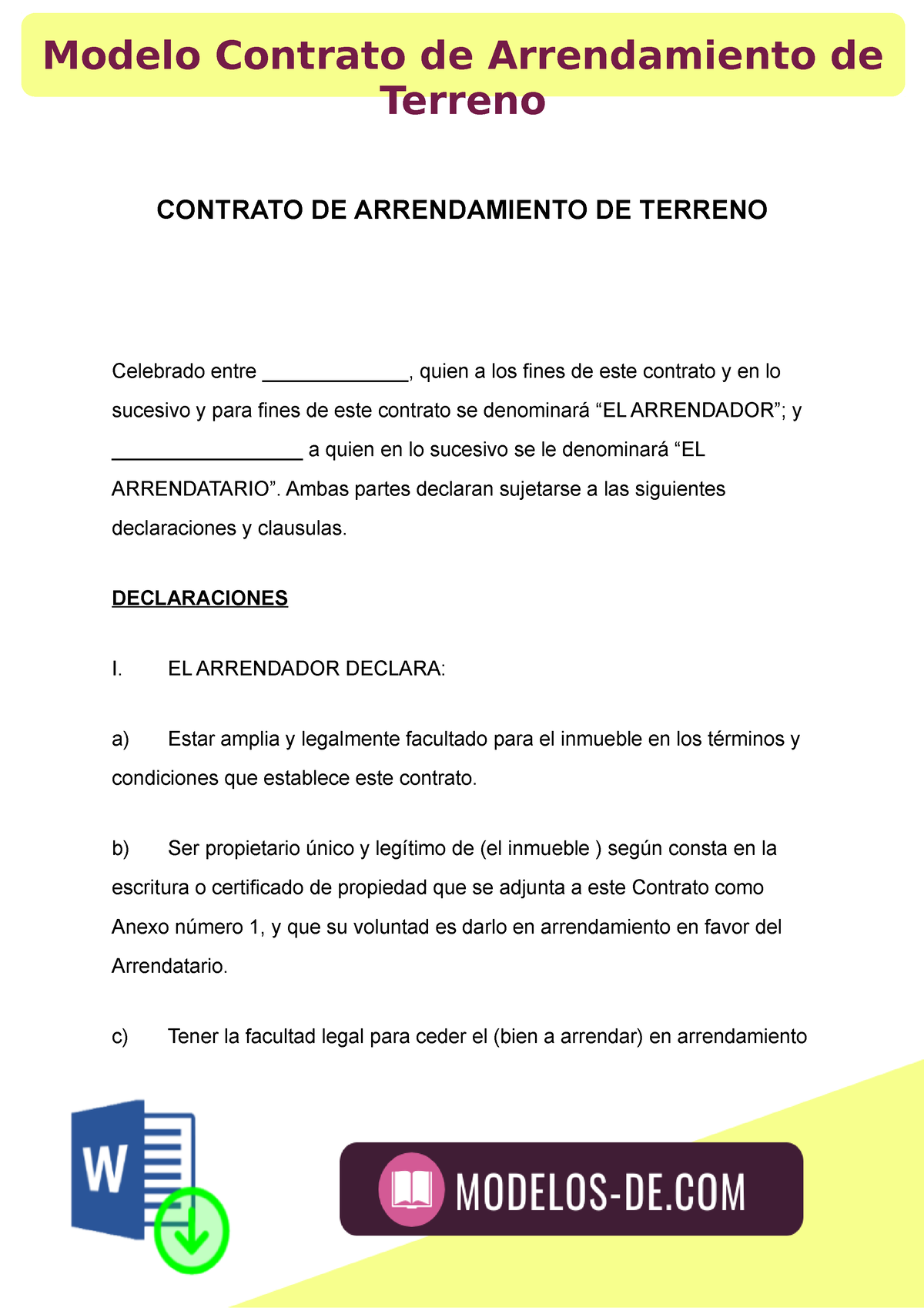 Modelo Contrato de Arrendamiento de Terreno - CONTRATO DE ARRENDAMIENTO DE  TERRENO Celebrado entre - Studocu