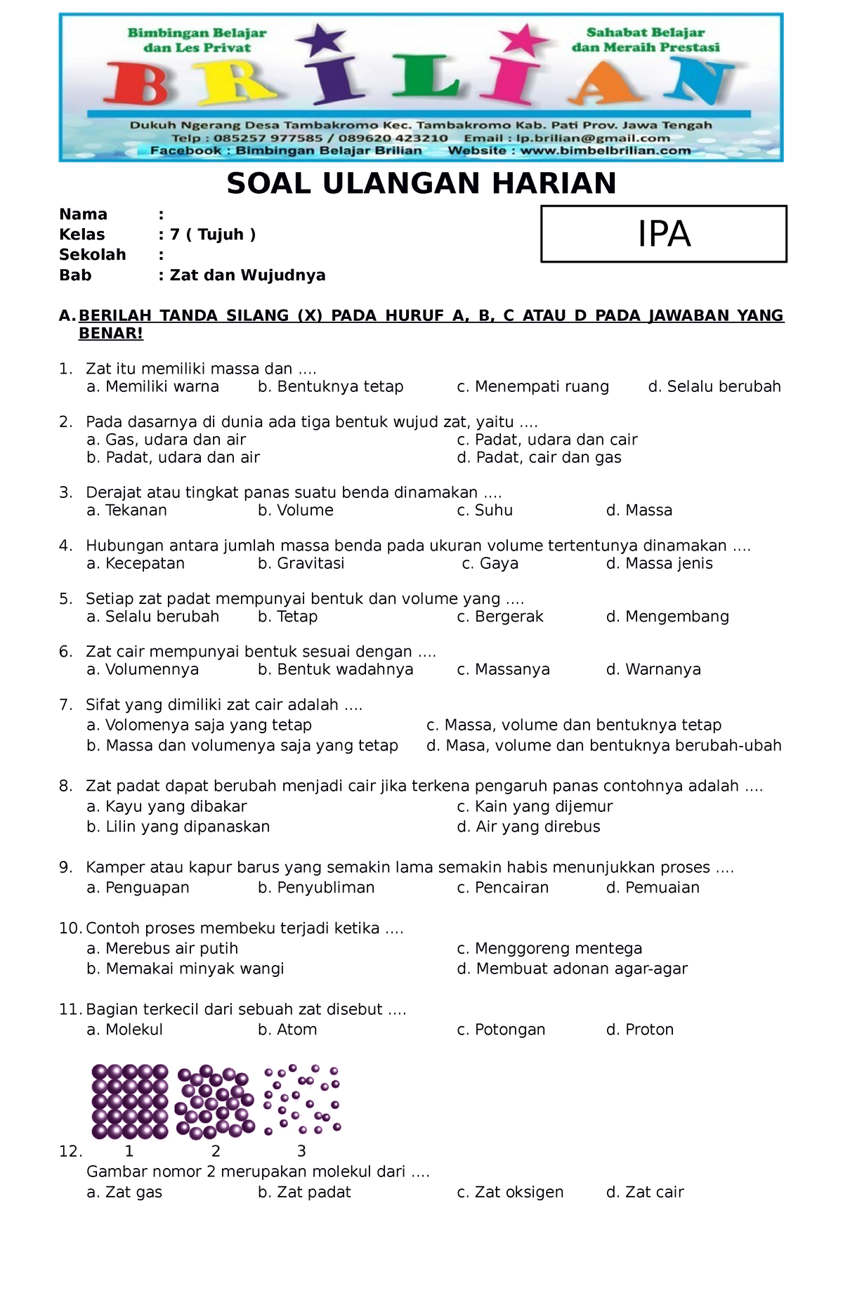 Soal IPA SMP Kelas 7 Bab Zat Dan Wujudnya Dan Kunci Jawaban (www ...