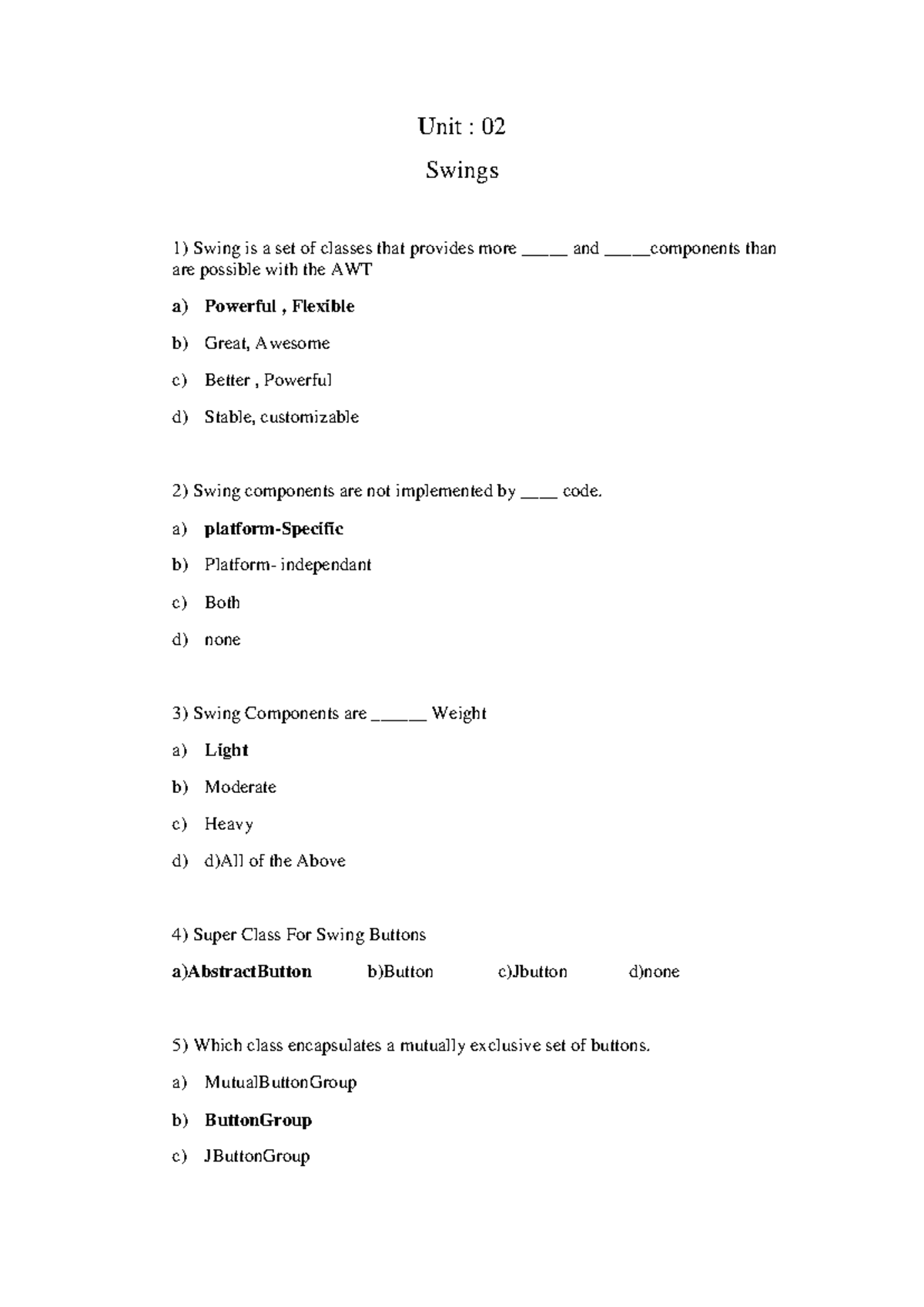 Ajp mcq chapter 2 - AJP msq unit 1 - Unit : 02 Swings Swing is a set of ...