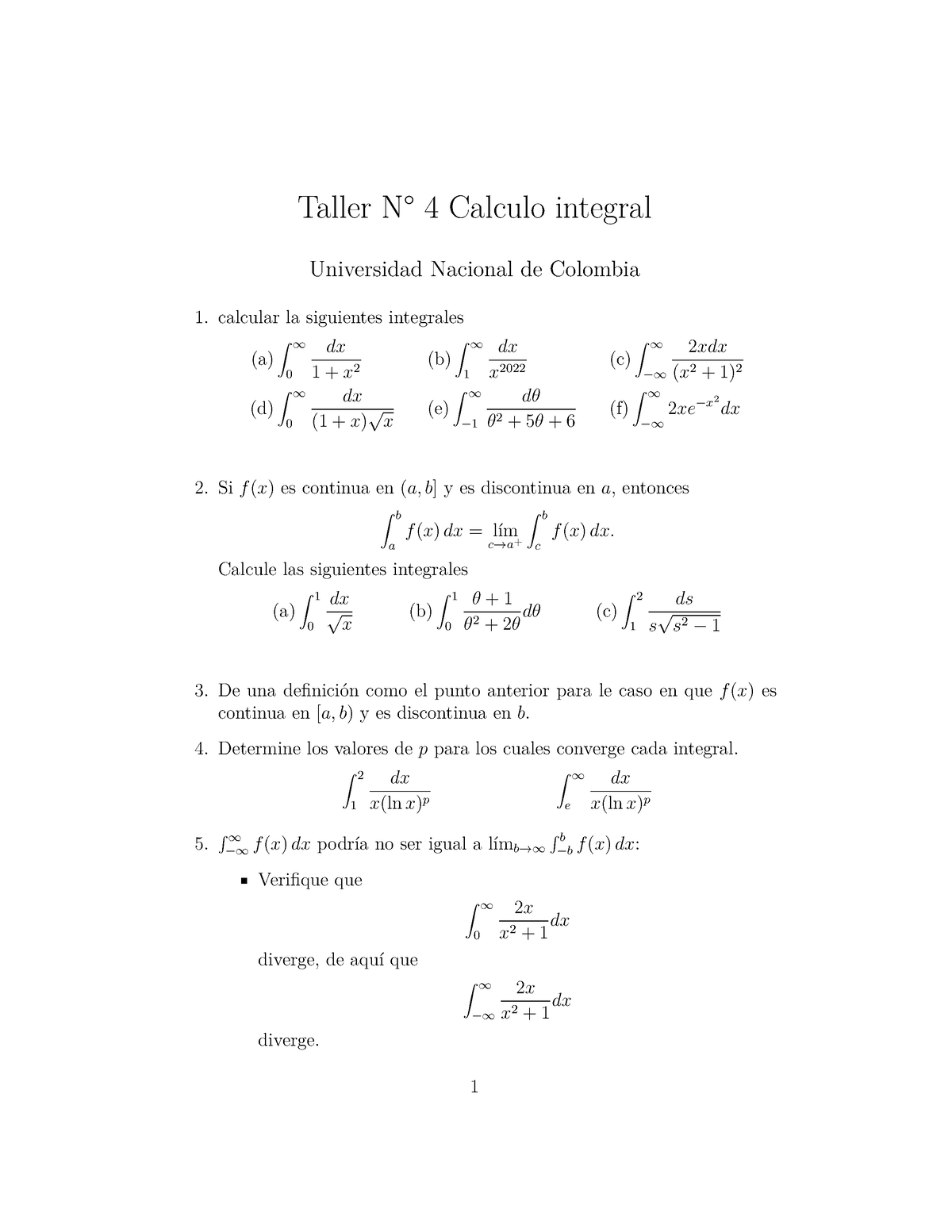 Taller Taller N Calculo Integral Universidad Nacional De Colombia Calcular La Siguientes