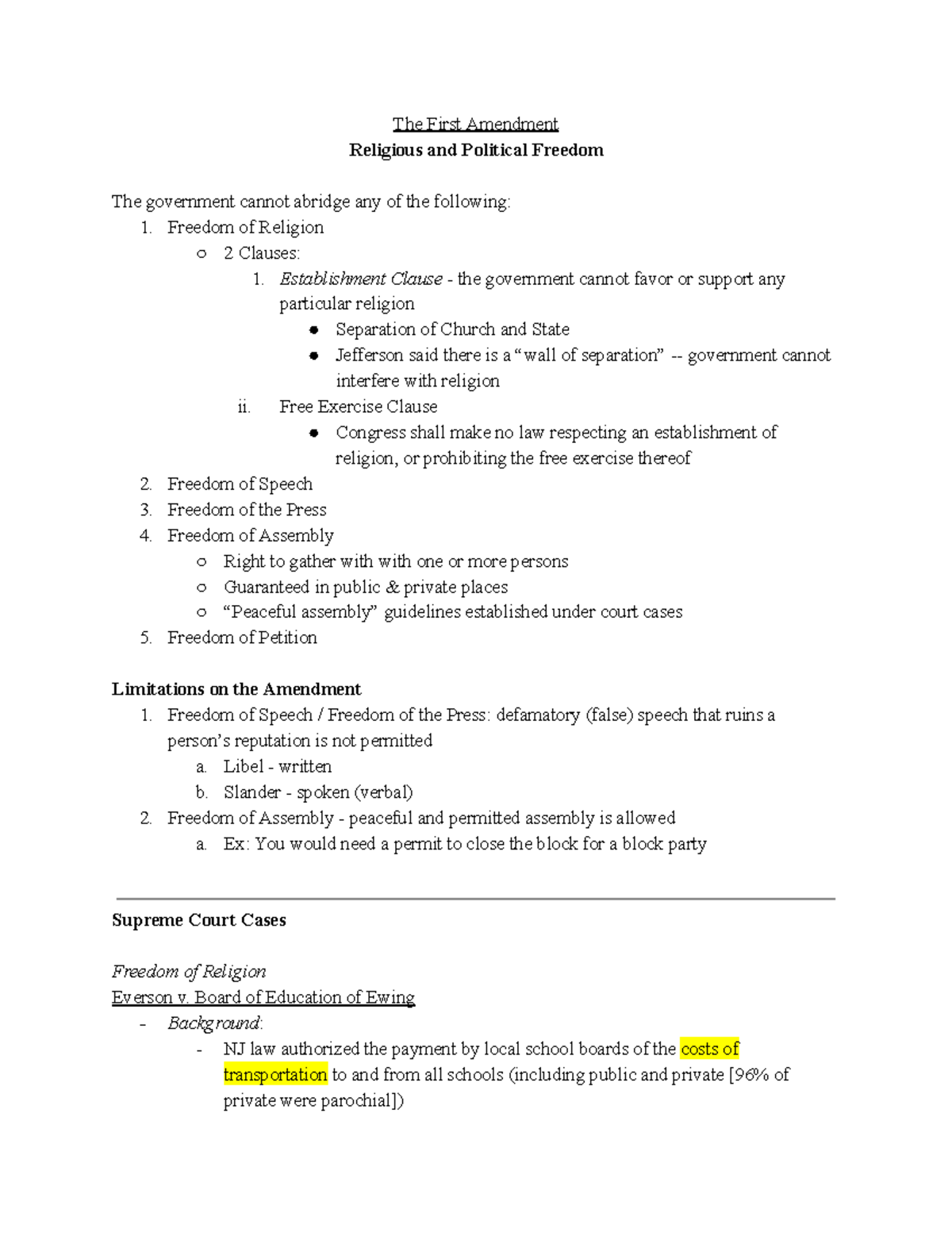 Final (Part 2) Review (1) - The First Amendment Religious and Political ...