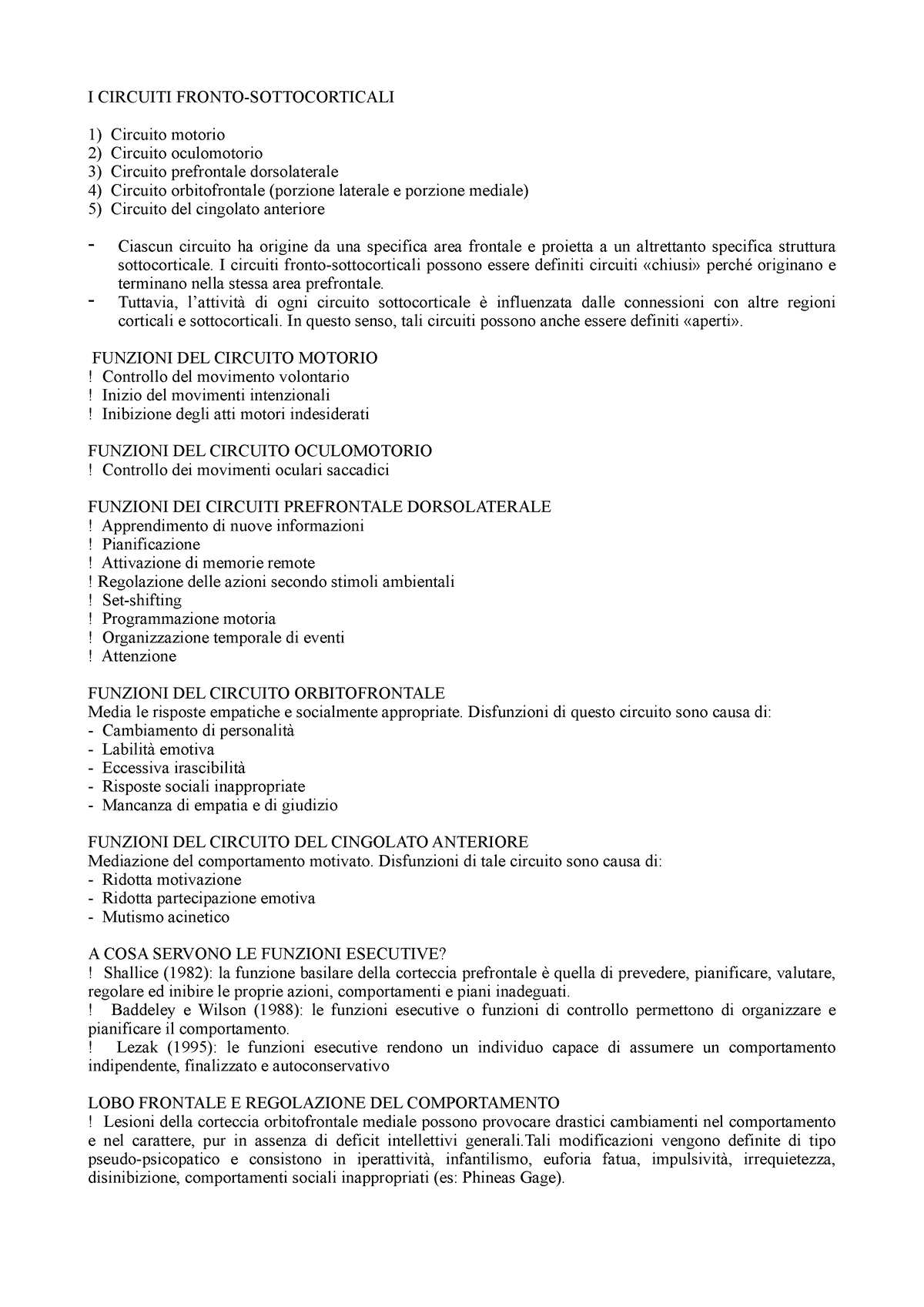 Schema Delle Funzioni Esecutive E Sindrome Disesecutiva - I Circuiti 