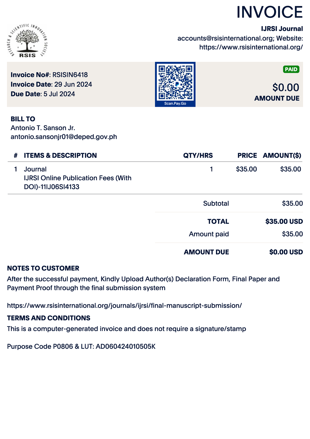 Invoice - Rsisin 6418 - INVOICE SCIENTIFIC IJRSI Journal Website: RSIS ...