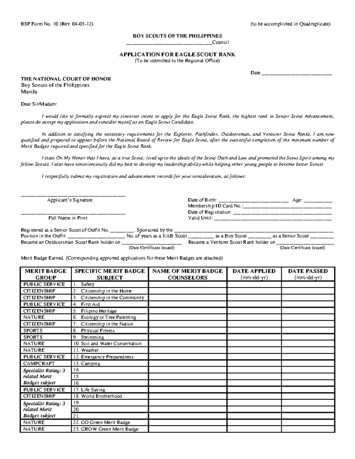 Revised BSP Form No - BSP Form No. 10 (Rev. 04-05-12) (to be ...