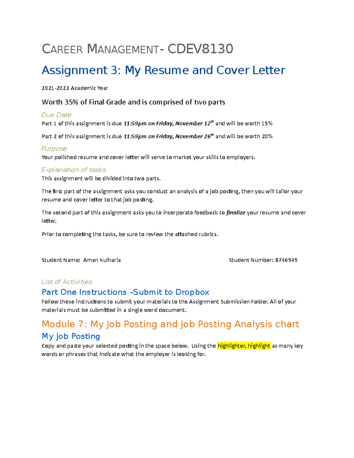 CDEV8130 Career Management Assignment 3 My Resume and Cover Letter Aman ...